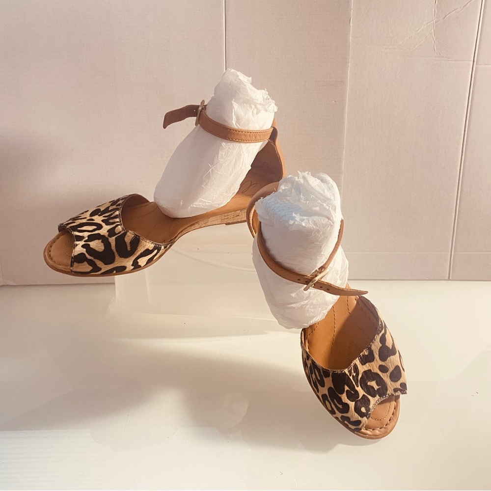 Born Brown leopard print Real Fur Wedge Sandals Ankle Strap Open Toe Comfy SZ6M